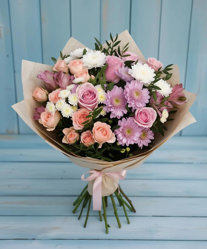 Букет цветов из: Хризантемы, Розы и Альстромерии в Каргалинской