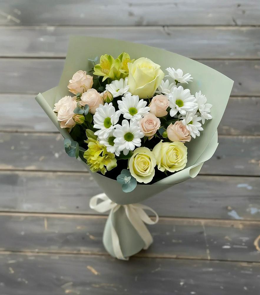 Букет цветов из: Альстромерии, Розы и Хризантемы в Каргалинской