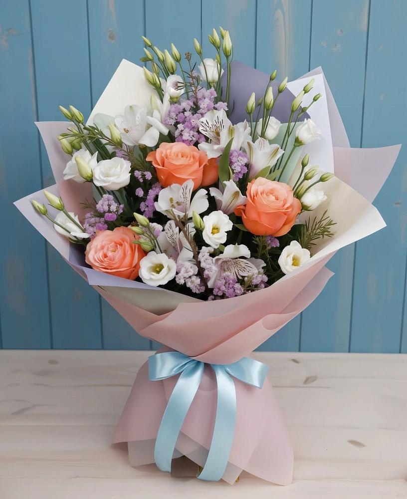 Букет цветов из: Лизиантусы, Розы, Альстромерии и Гипсофила в Каргалинской