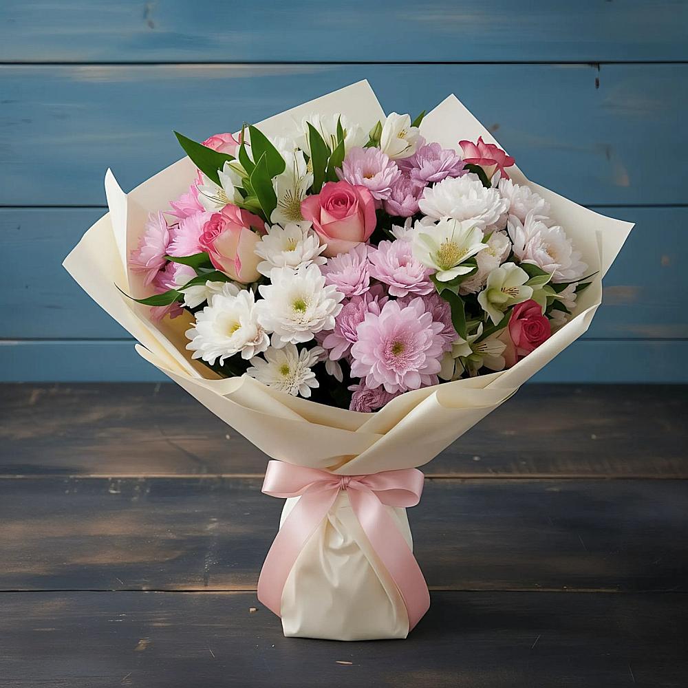 Букет цветов из: Хризантемы, Альстромерии и Розы в Каргалинской